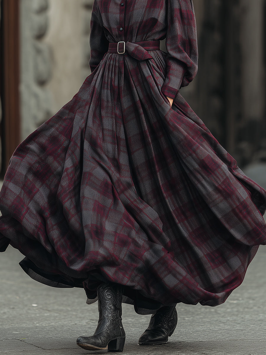 Retro Elegant Plaid Printed Lantern Sleeve Shirt Maxi Dress With Belt