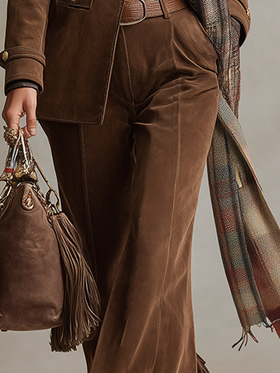 Retro Versatile Brown Faux Suede Tassel Flared Pants