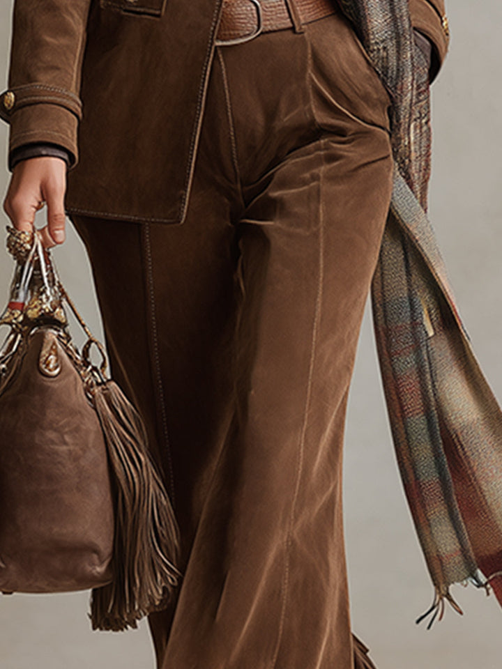 Retro Versatile Brown Faux Suede Tassel Flared Pants