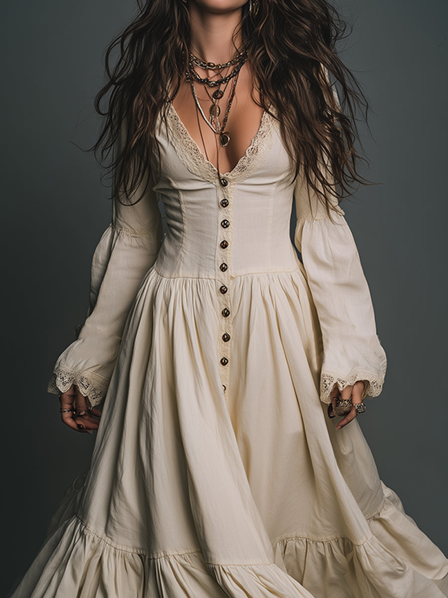 Elegant Vintage Lace Spliced single-breasted Cotton Maxi Dress