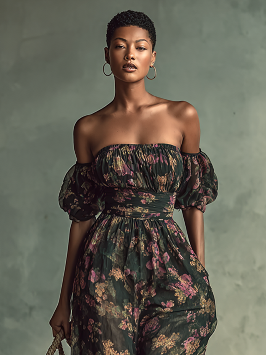 Women's Chiffon Floral Print Bandeau Short Sleeve Waist Jumpsuit