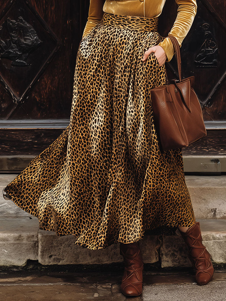 Vintage Gold Velvet V-Neck Long-Sleeved Shirt Leopard Print Pocket Skirt Set