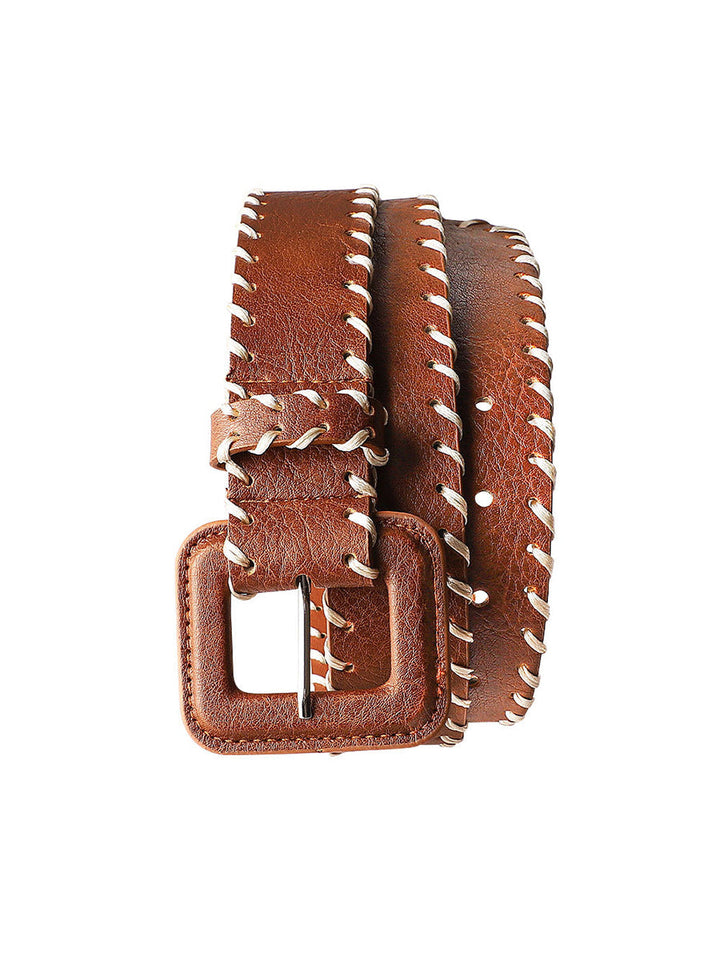 Women's Brown Leather Belt with Stitching Detail