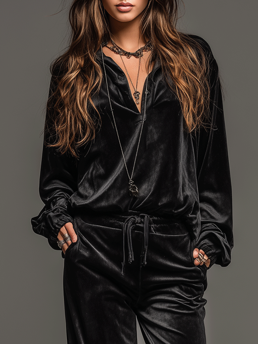 Classic Relaxed Black Velvet Shirt And Wide-Leg Pants Set
