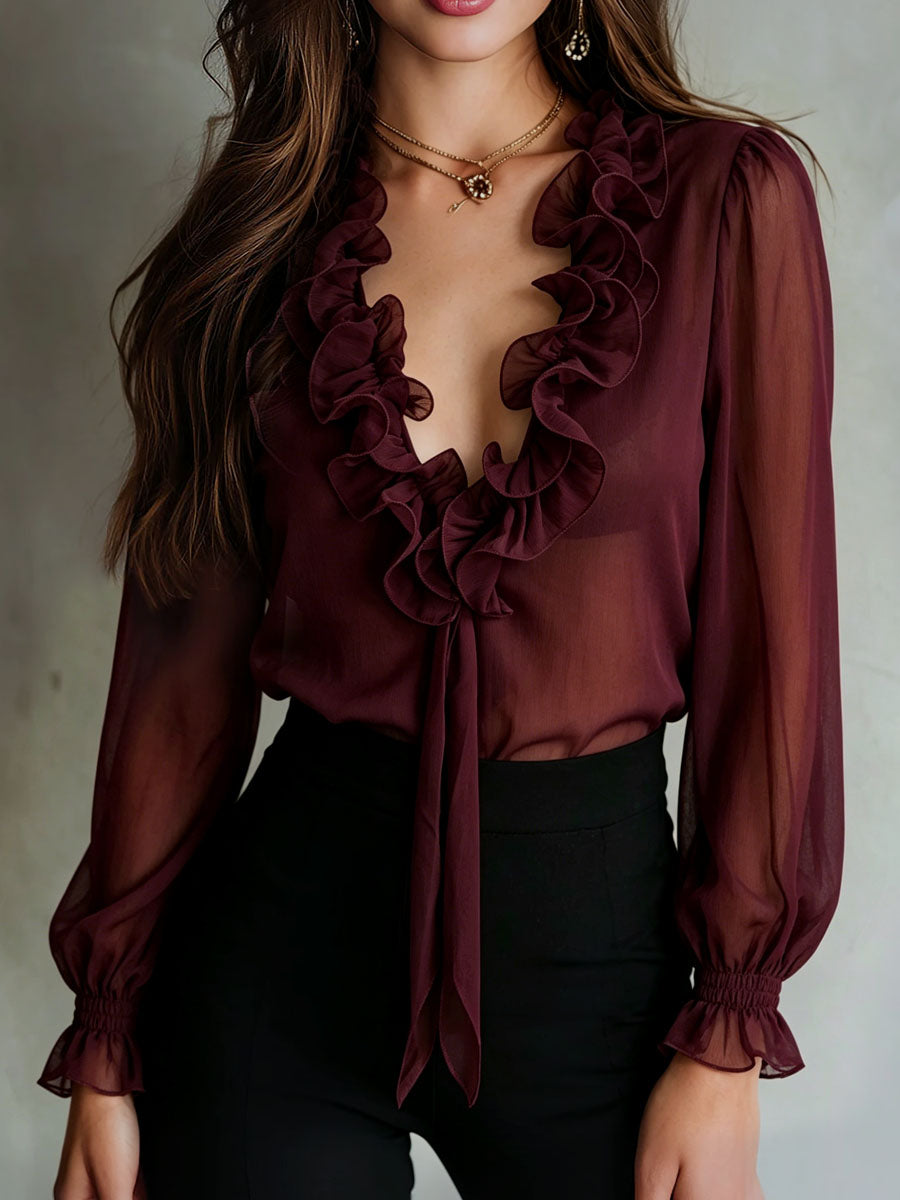 Retro-Bluse mit Rüschen und Knoten vorne