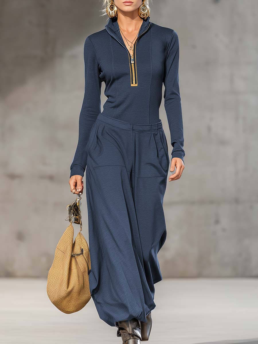 Casual retro sport mørkegrå halv-høj krave front lynlås langærmet top og brede bukser sæt