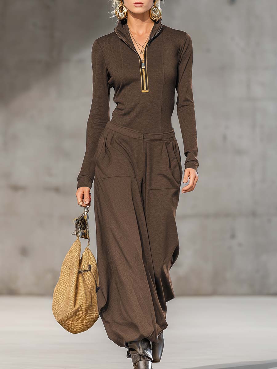 Casual retro sport mørkegrå halv-høj krave front lynlås langærmet top og brede bukser sæt