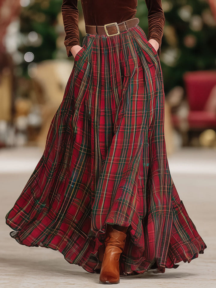V-neck Lace Long-sleeved T-shirt And Red Plaid Skirt Set