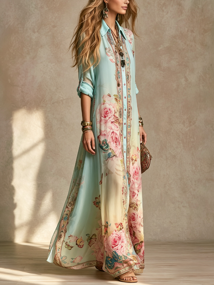 Maxikleid aus Chiffon mit barockem Blumenmuster