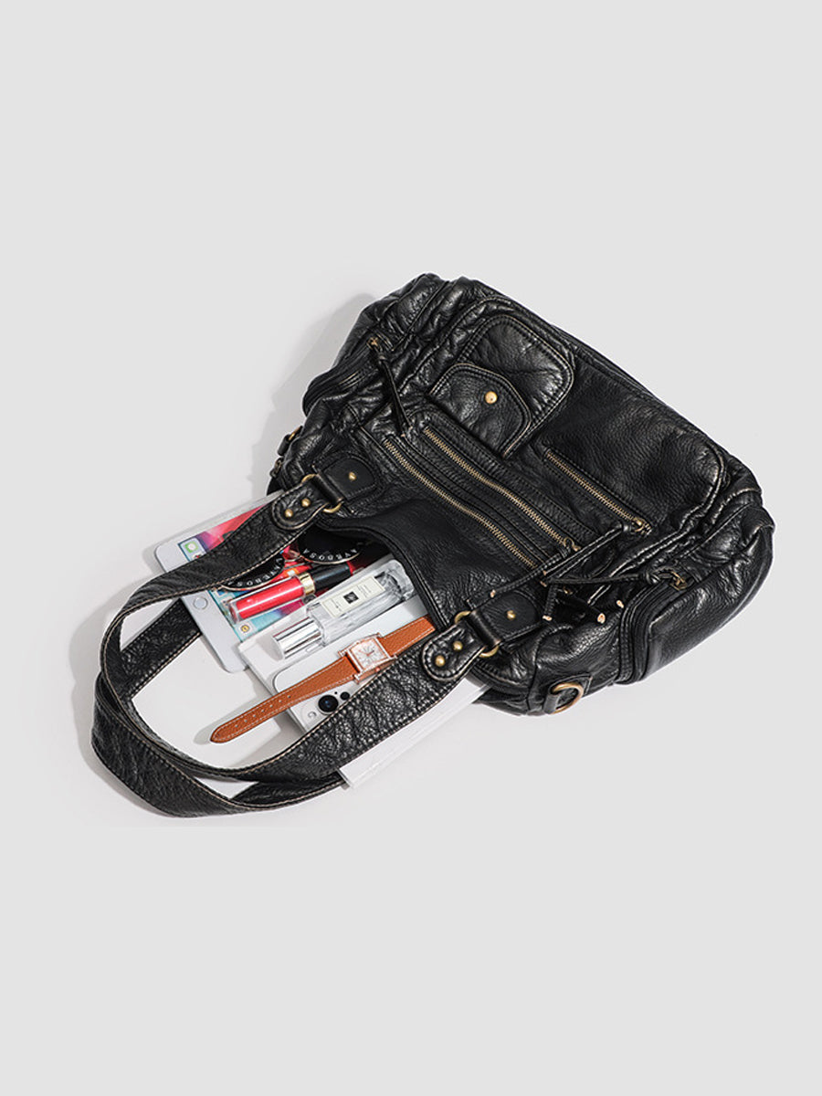 Women's Fashionable Distressed Multi-pocket Leather Handbag