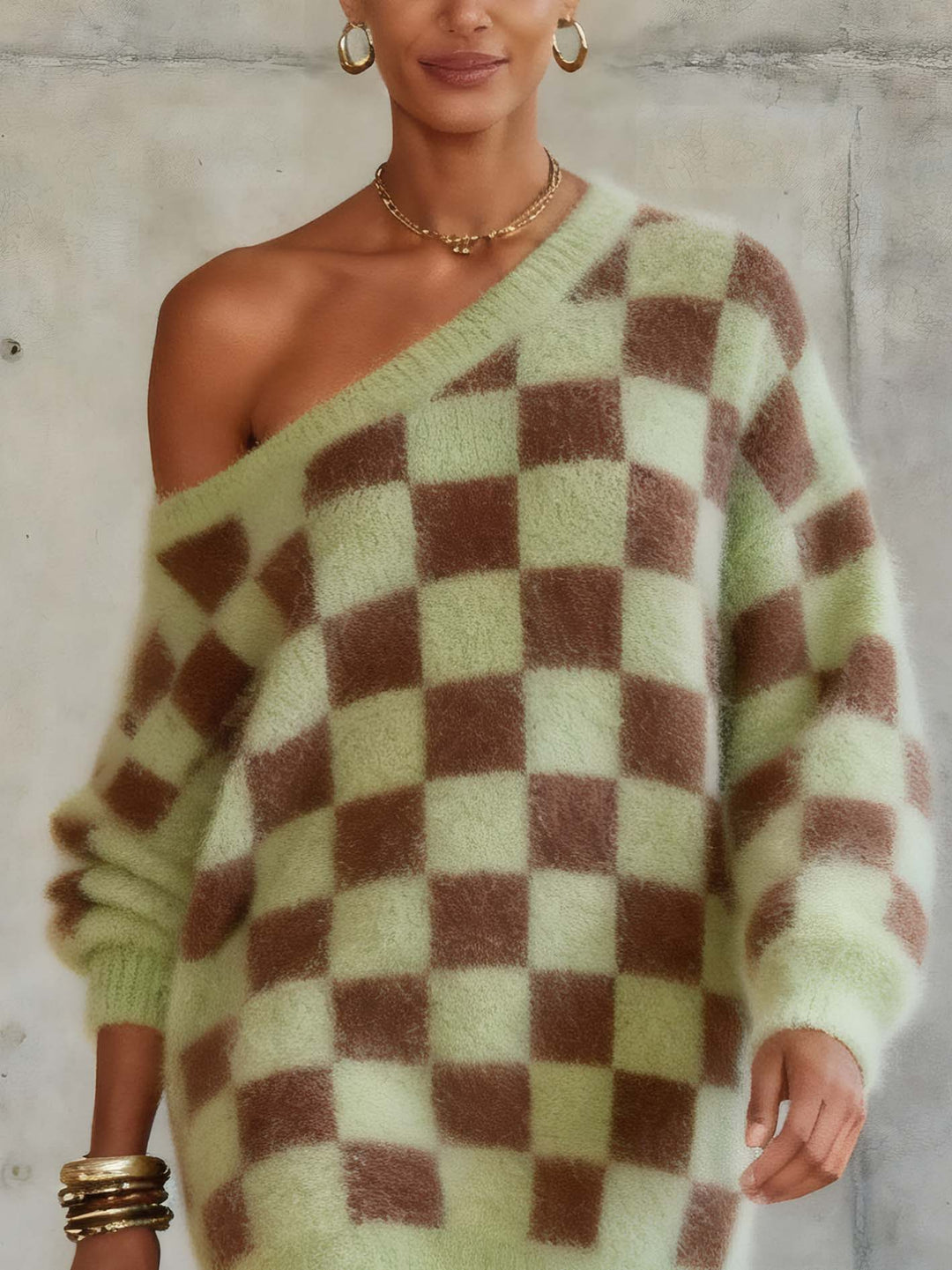 One Shoulder Plaid Light Green Mohair Knitted Mini Dress