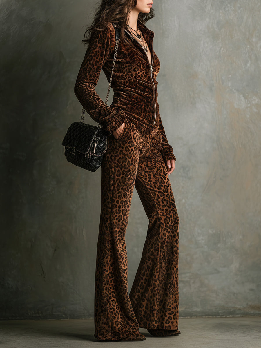 Vintage Velvet Leopard Print Stand Collar Top & Flared Pants Set