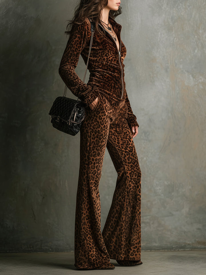 Vintage Velvet Leopard Print Stand Collar Top & Flared Pants Set