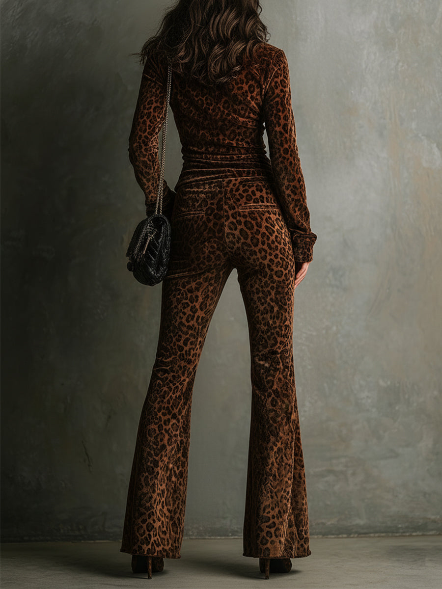 Vintage Velvet Leopard Print Stand Collar Top & Flared Pants Set
