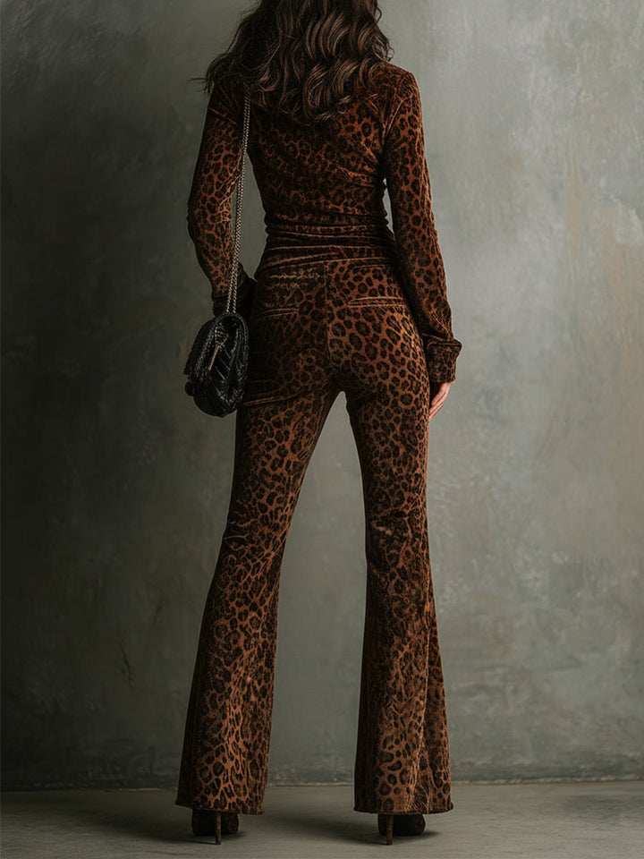 Vintage Velvet Leopard Print Stand Collar Top & Flared Pants Set