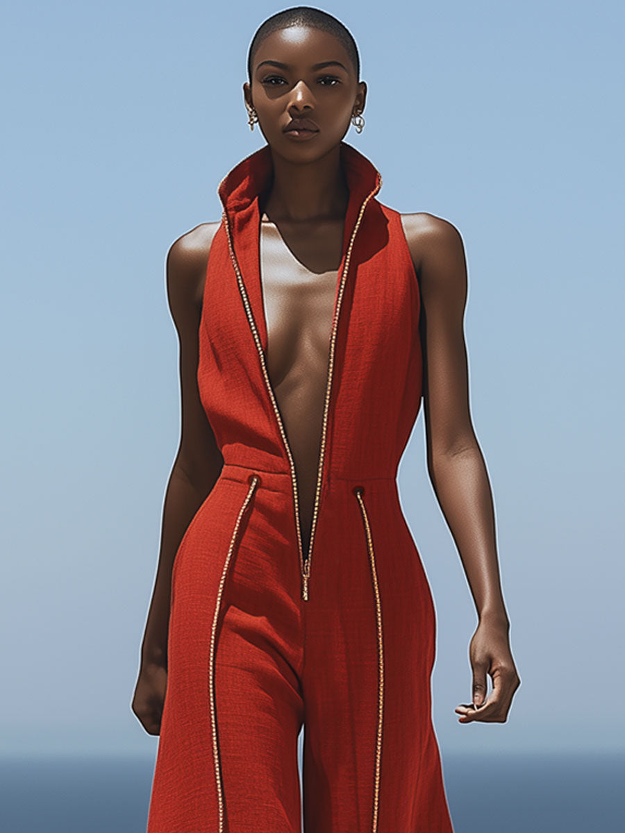 Casual Retro Red Cotton and Linen Zipper Sleeveless Elastic Waist Wide Leg Jumpsuit