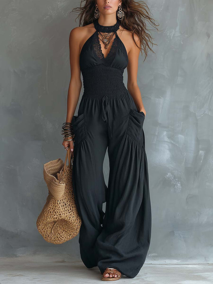Mono vintage con tirantes halter y bolsillos