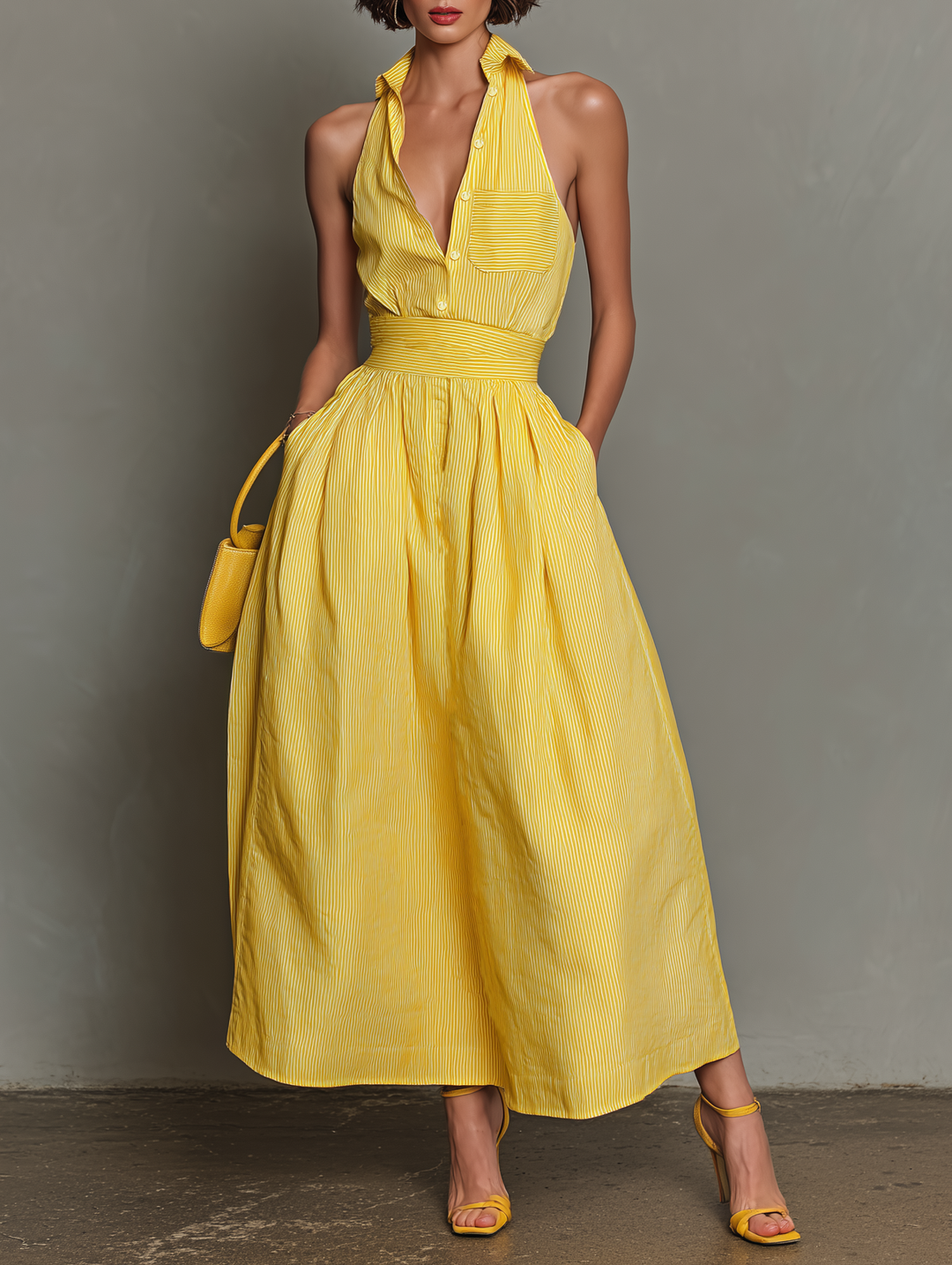 Damen Maxikleid Minimalistisch Gestreift mit Revers und Ärmellos