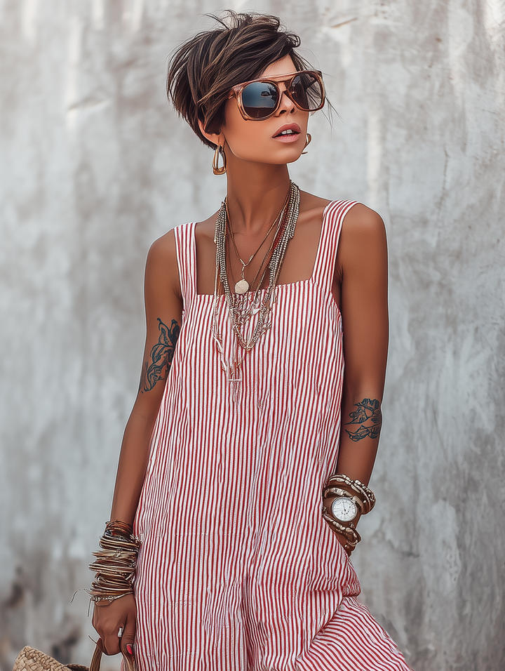 Minimalist Striped Loose-Fit Square-Neck Sleeveless Jumpsuit