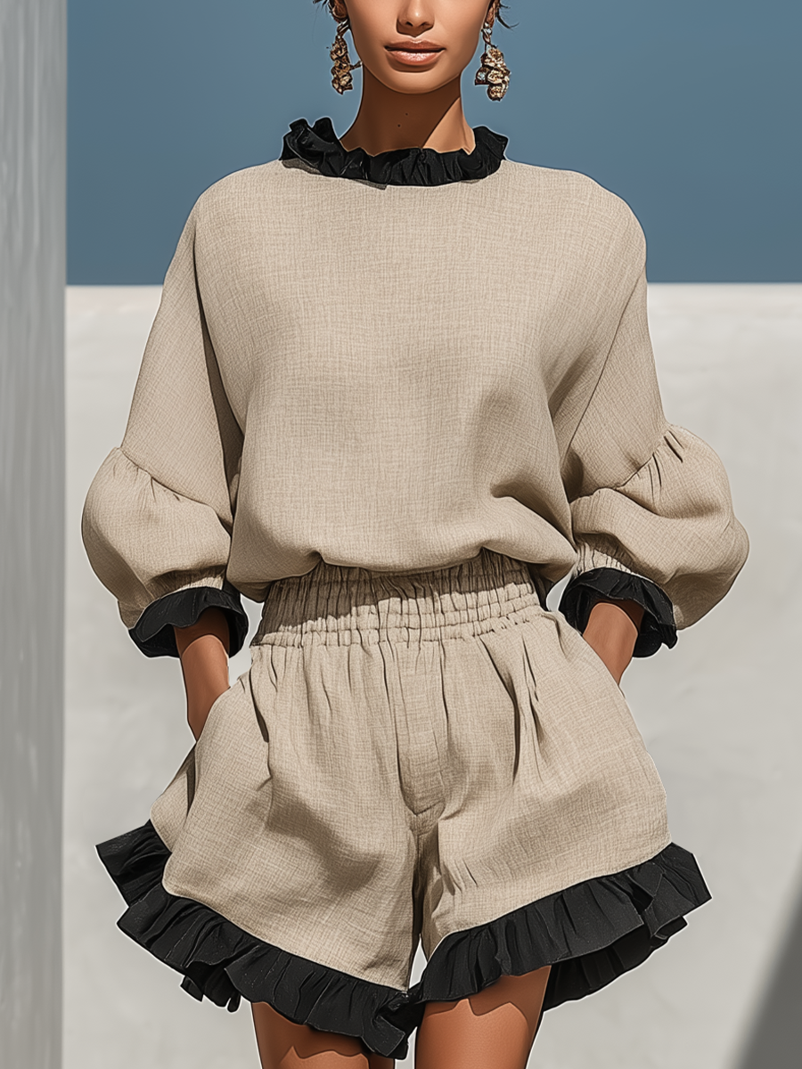 Beiges Leinenmischgewebe-Blusen- und Shorts-Set mit Rüschensaum