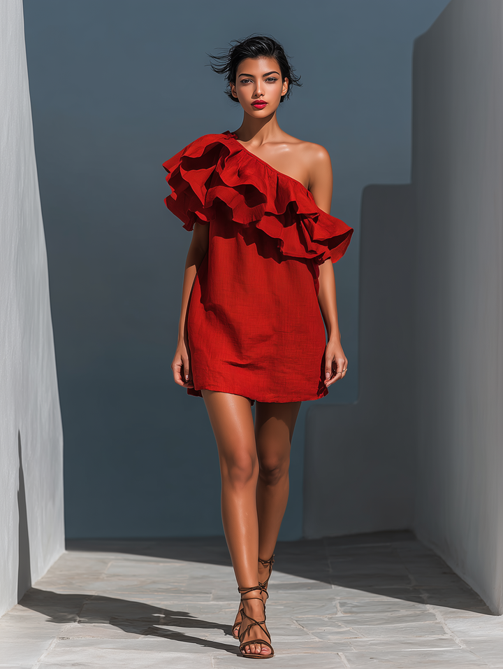 Mini abito a balze monospalla in misto lino rosso