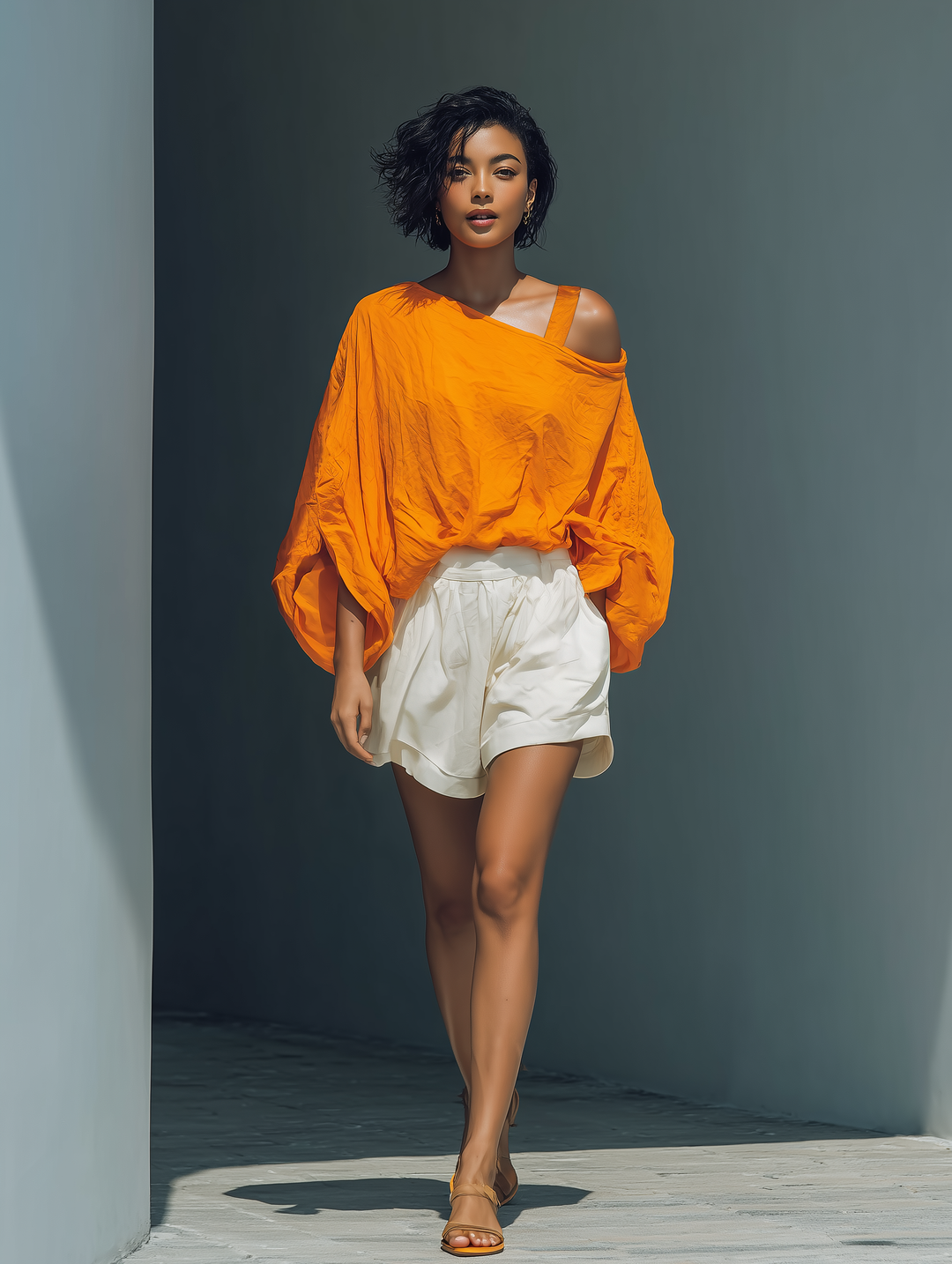 Conjunto de Top de Linho Laranja com Ombros Descobertos e Calções Brancos com Folhos