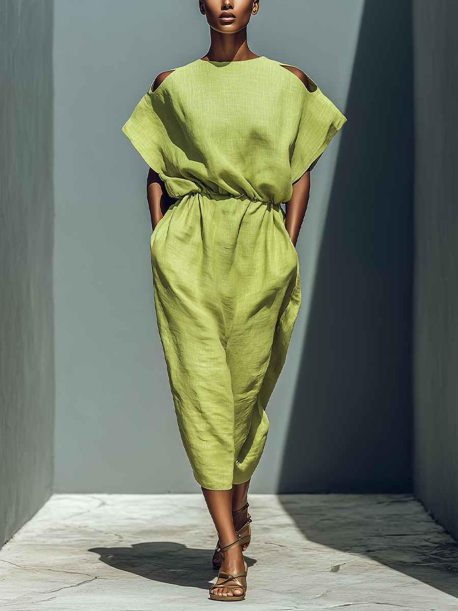 Robe midi en lin mélangé vert citron à épaules dénudées