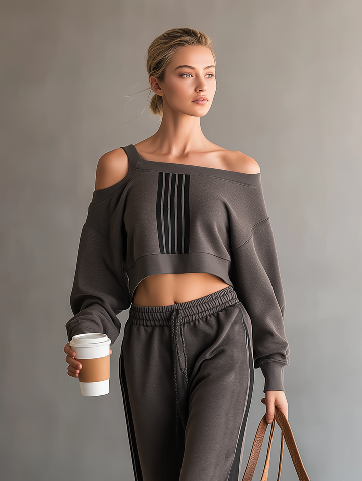 Off-Shoulder Cropped Sweatshirt & Sweatpants Set