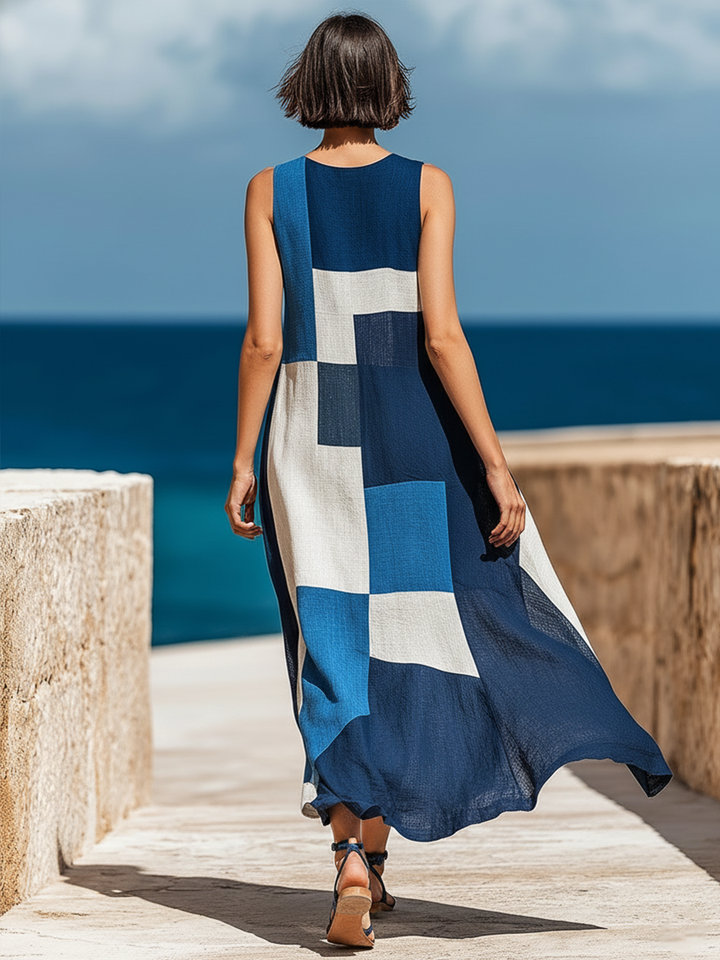 Retro Casual Geometric Print Round Neck Sleeveless Midi Dress
