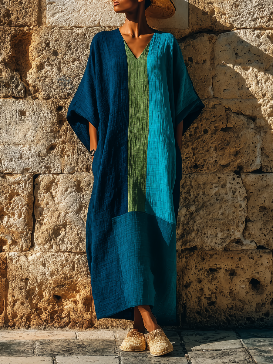 Robe maxi caftan à blocs de couleur en mélange de lin style vacances avec poches