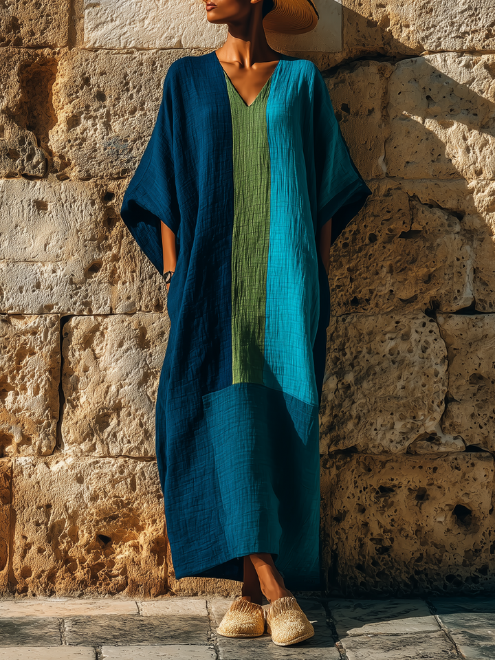 Robe maxi caftan à blocs de couleur en mélange de lin style vacances avec poches