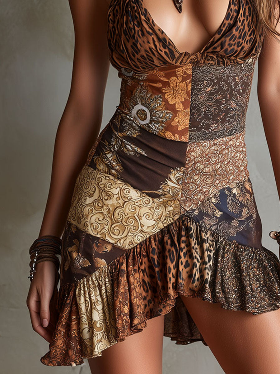 Leopard Barock Neckholder Mini Kleid