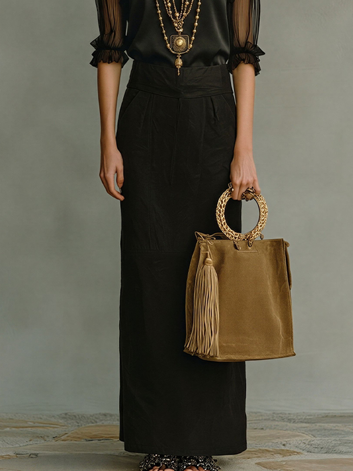 All-Black Satin & Cotton Two-Piece Set