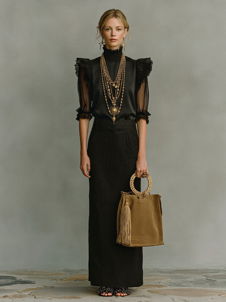 All-Black Satin & Cotton Two-Piece Set