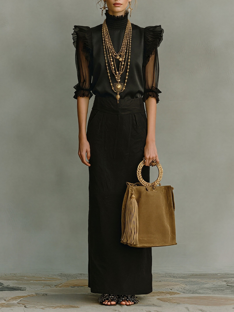 All-Black Satin & Cotton Two-Piece Set