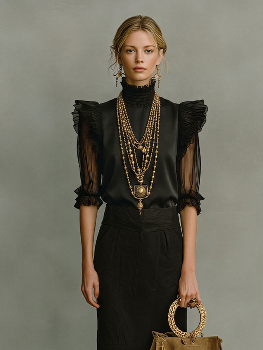 All-Black Satin & Cotton Two-Piece Set