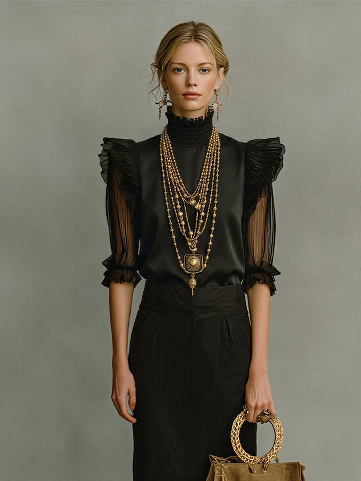 All-Black Satin & Cotton Two-Piece Set