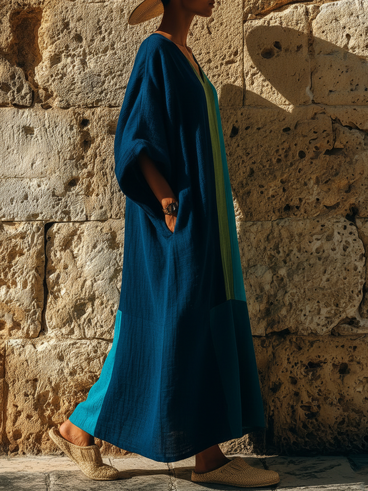 Robe maxi caftan à blocs de couleur en mélange de lin style vacances avec poches