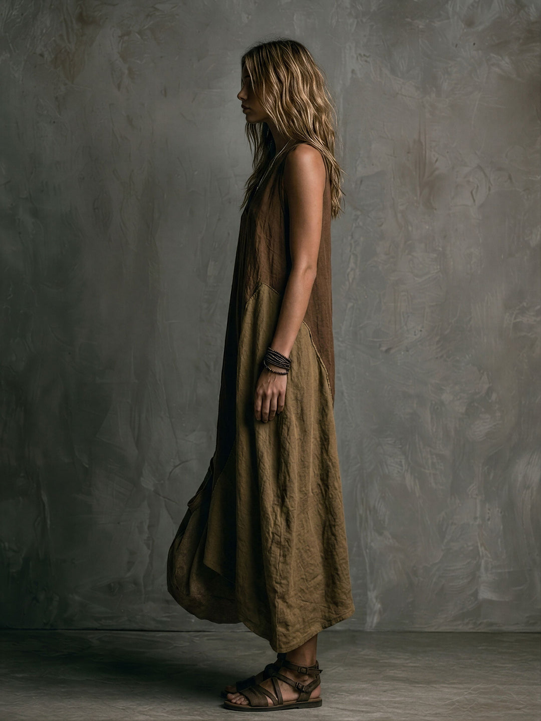 Brown And Khaki Cotton-Linen Patchwork V-Neck Sleeveless Asymmetrical Long Dress