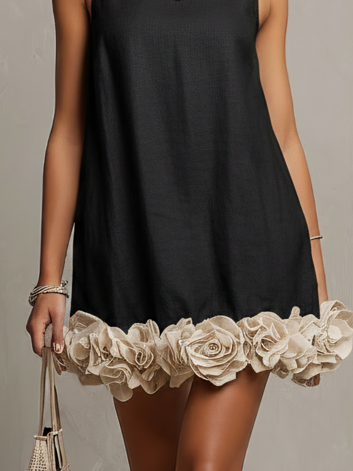 Black Cotton-Linen Mini Dress With 3D Floral Hem