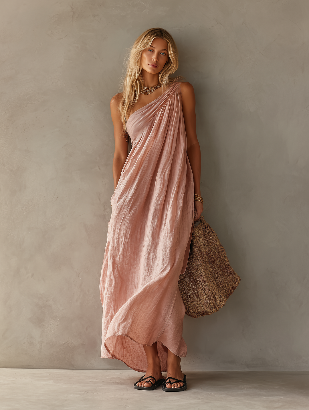 One-Shoulder Cotton-Linen Maxi Dress