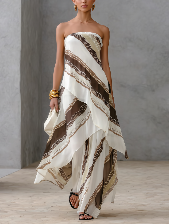 Abito lungo senza spalline in chiffon a righe