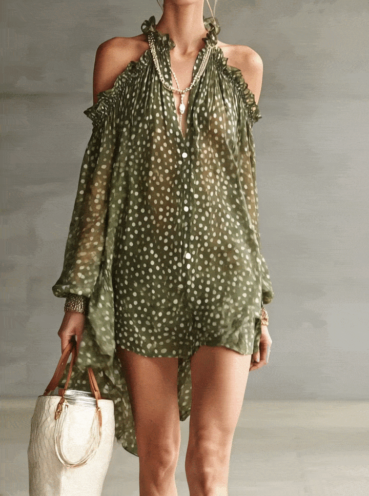 Green Polka Dot Cold Shoulder Mini Dress With Ruffled Neckline