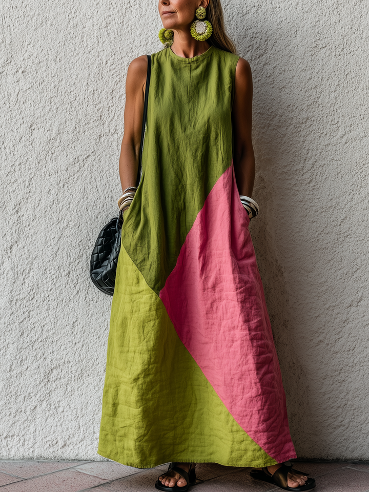Vestido Maxi Retro em Algodão e Linho com Blocos de Cor