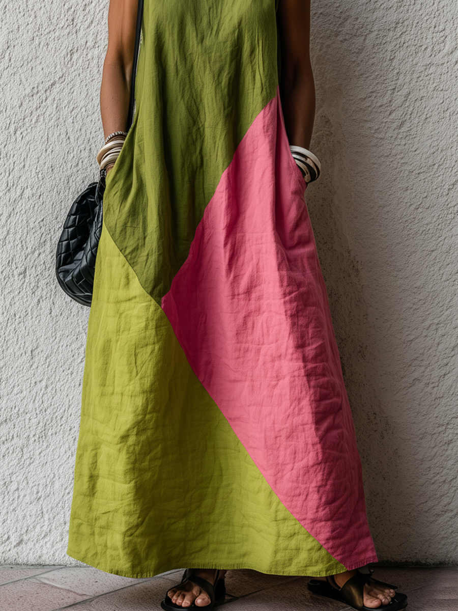 Vestido Maxi Retro em Algodão e Linho com Blocos de Cor