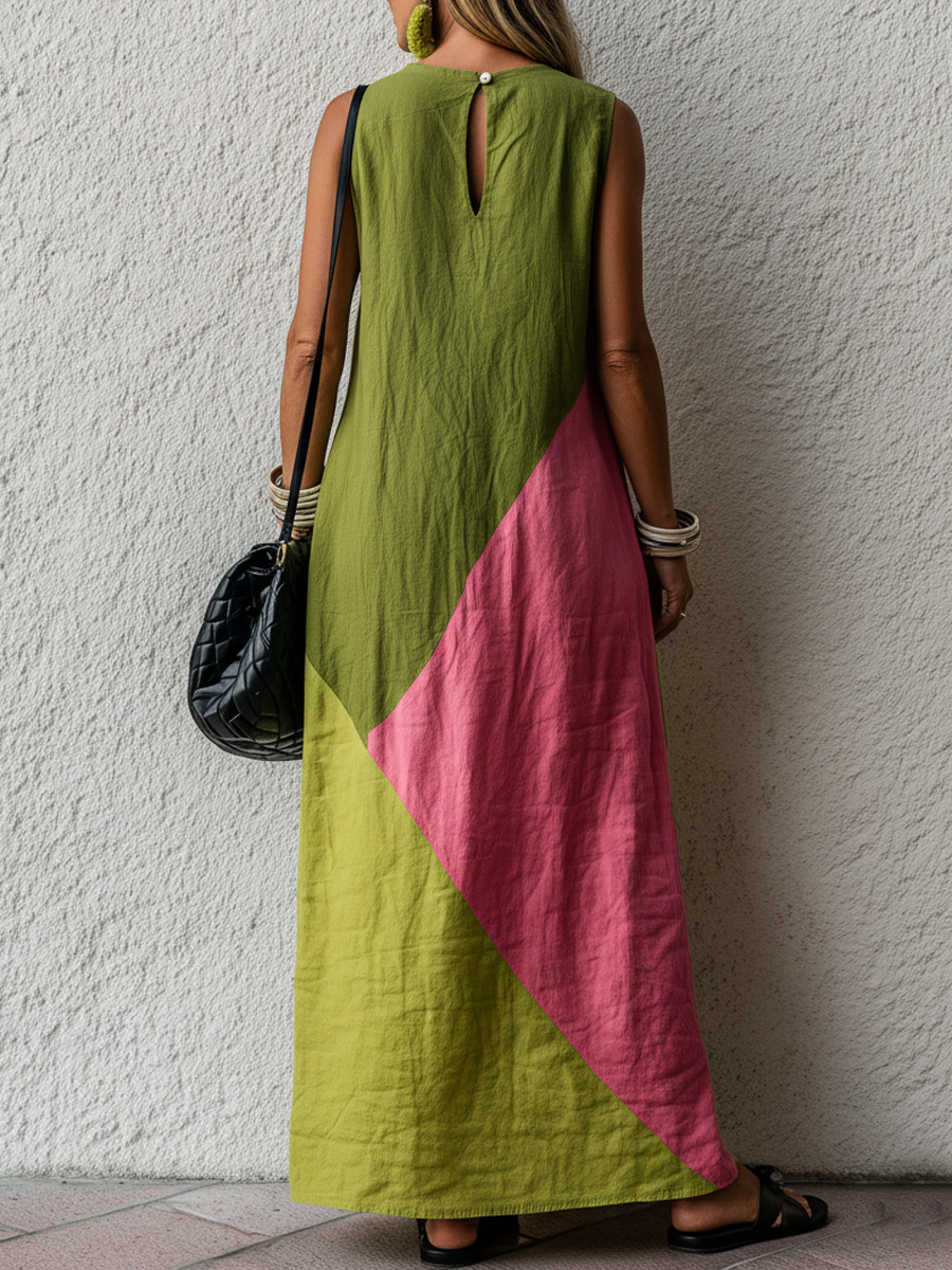 Vestido Maxi Retro em Algodão e Linho com Blocos de Cor