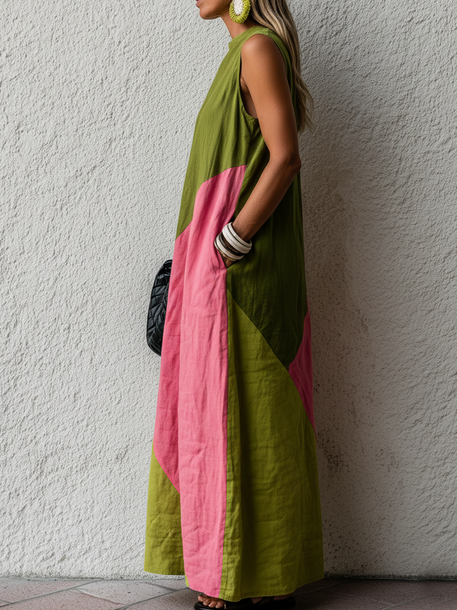 Vestido Maxi Retro em Algodão e Linho com Blocos de Cor