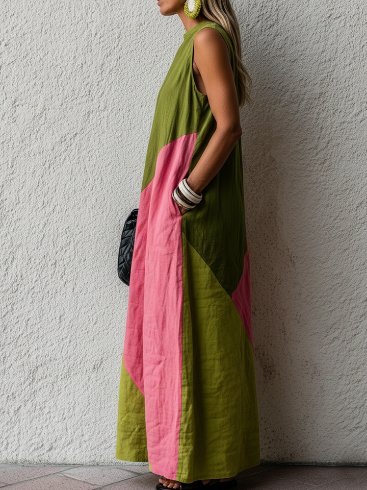 Vestido Maxi Retro em Algodão e Linho com Blocos de Cor