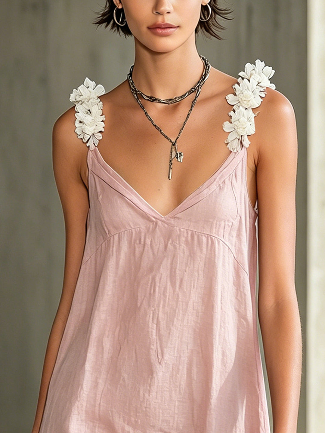 Black V-Neck Mini Dress With Floral Shoulder Straps