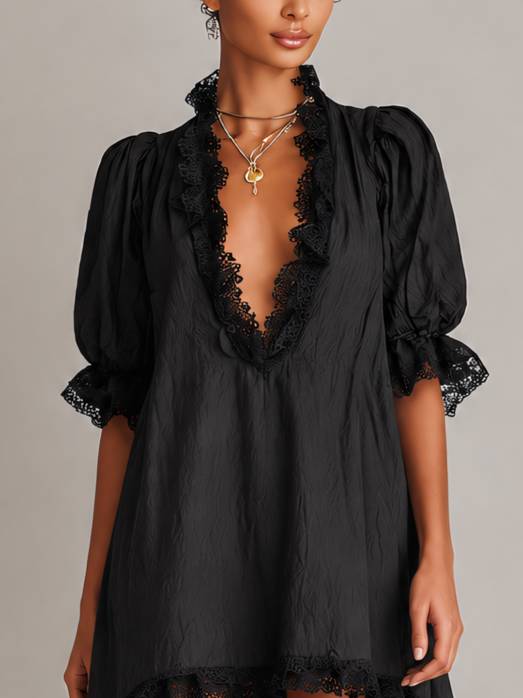 Vestido Mini Bufante com Renda